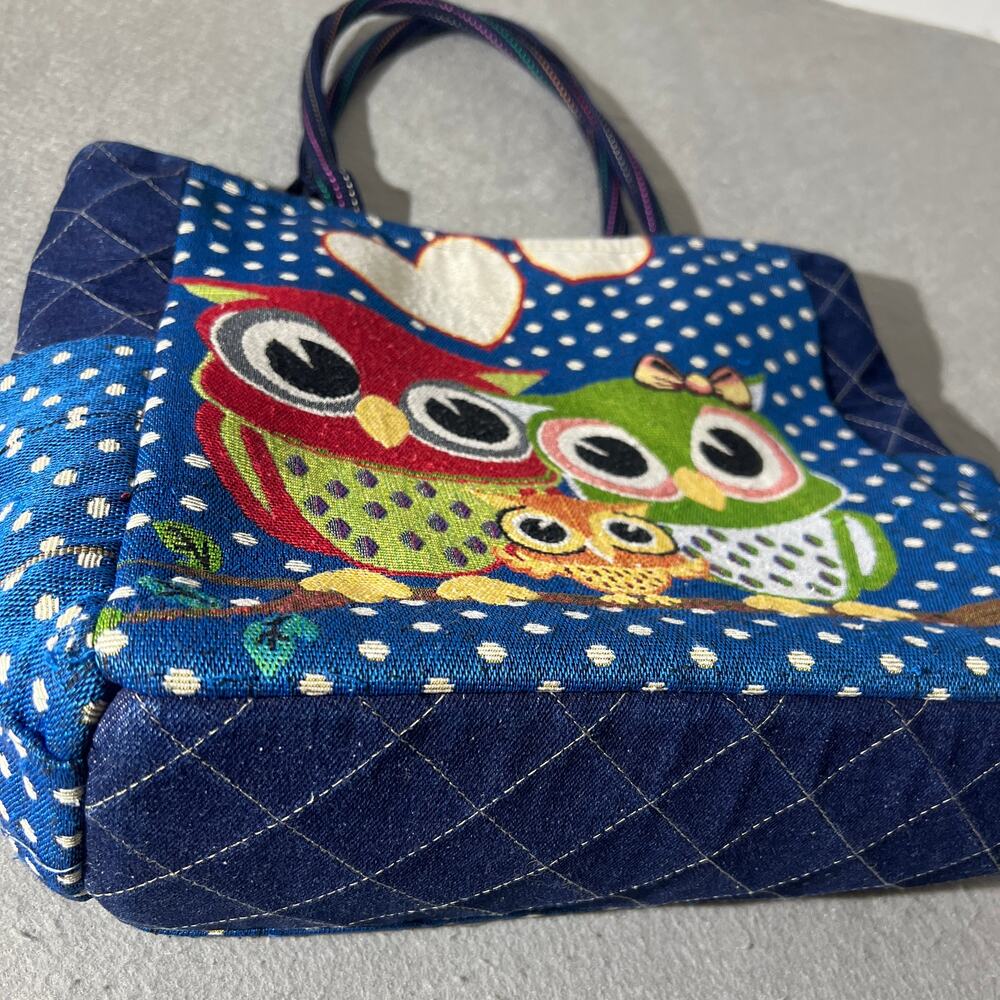 Korean Style Owl Tote Bag Blue Quilted Polka Dot Handbag - Picture 10 of 16